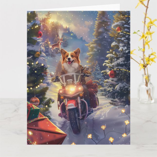 Tarjeta Perro Corgi Montando Motocicleta Navidad (flor amarilla)
