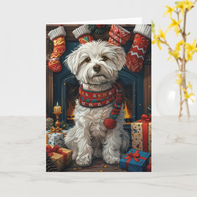 Tarjeta Perro Coton De Tulear con regalos de Navidad Chime (flor amarilla)