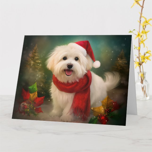Tarjeta Perro Coton De Tulear en Navidades de Nieve (flor amarilla)