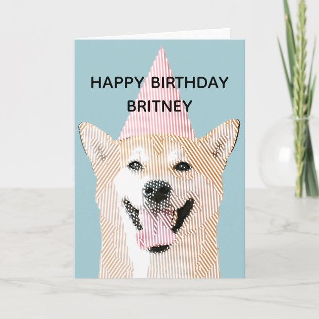 Tarjeta Perro Cute Kawaii Sonriendo Shibu Inu Azul cumplea (Anverso)