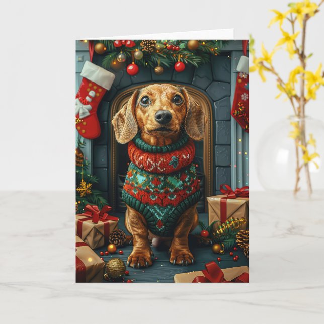 Tarjeta Perro Dachshund Con Chimenea De Regalos Navidades (flor amarilla)