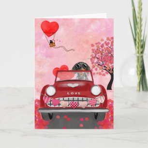 Tarjeta Perro Dachshund conduciendo coche con corazones de