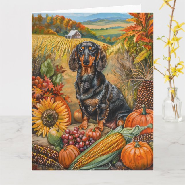 Tarjeta Perro Dachshund Cosecha de Otoño Día de Acción de  (flor amarilla)