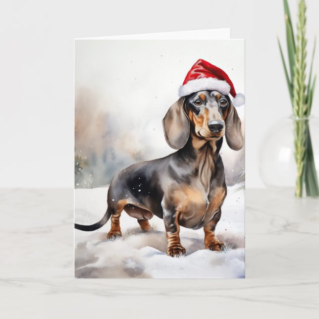 Tarjeta Perro Dachshund en la nieve Navidad (Anverso)