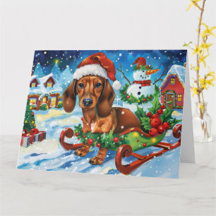 Tarjeta Perro Dachshund en Trineo Nieve Navidad