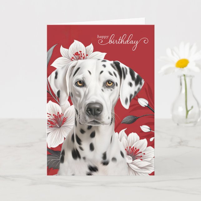 Tarjeta Perro dálmata con Lirios Blancos en Cumpleaños Roj (Planta pequeña)