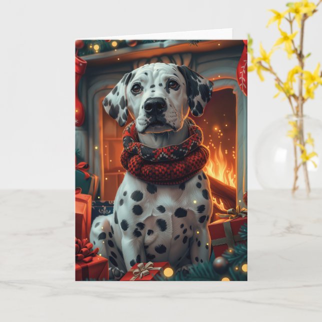 Tarjeta Perro Dálmata Con Regalos De Navidad Chimenea (flor amarilla)