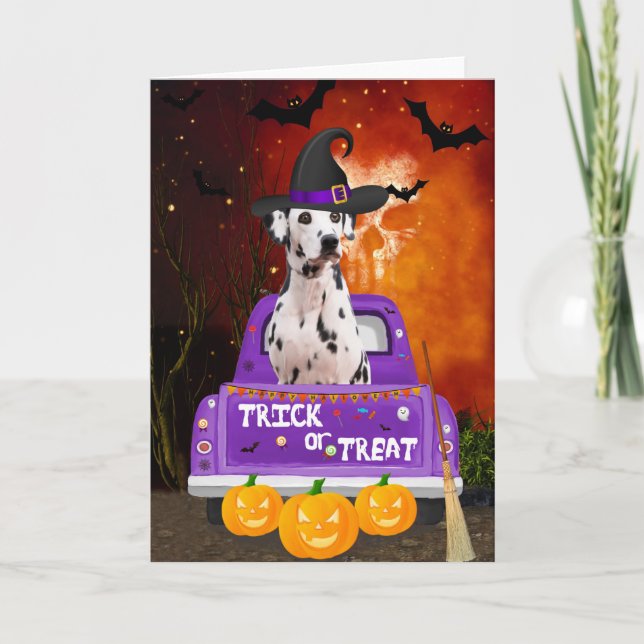Tarjeta Perro dálmata en un camión de Halloween (Anverso)
