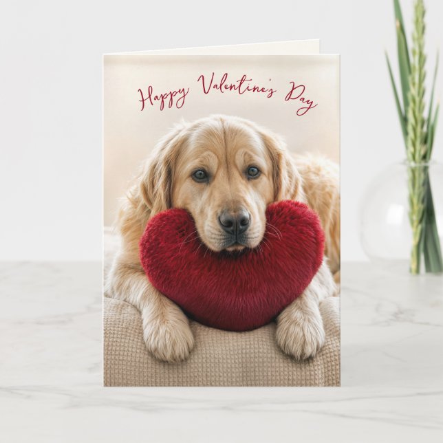 Tarjeta Perro de aguas dorado de San Valentín con cojín en (Anverso)