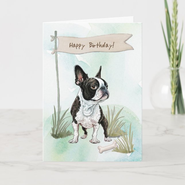 Tarjeta Perro de Boston Terrier al aire libre bajo Rótulo  (Anverso)