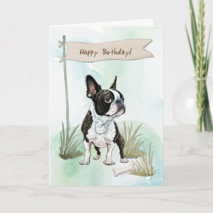 Tarjeta Perro de Boston Terrier al aire libre bajo Rótulo 