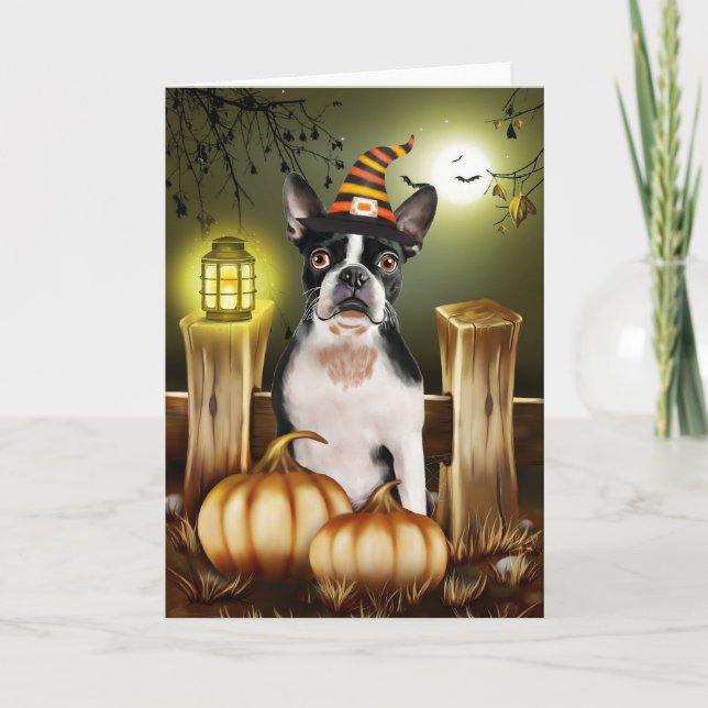 Tarjeta Perro de Boston Terrier con Gorra de brujas Hallow (Anverso)