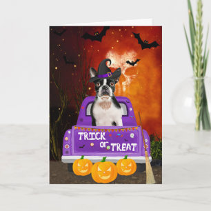 Tarjeta Perro de Boston Terrier en Camión de Halloween