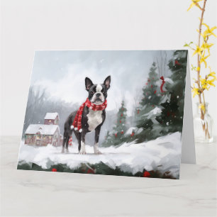 Tarjeta Perro de Boston Terrier en Navidades de Nieve