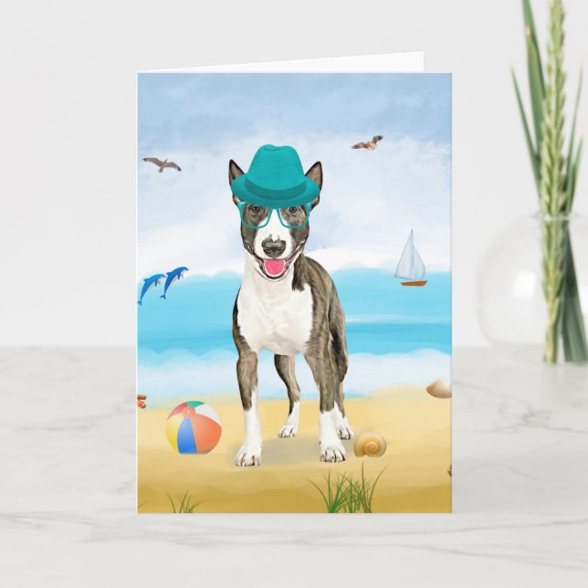 Tarjeta Perro de Bull Terrier en la playa (Anverso)