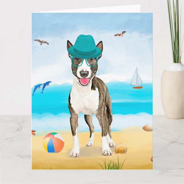 Tarjeta Perro de Bull Terrier en la playa (Anverso)