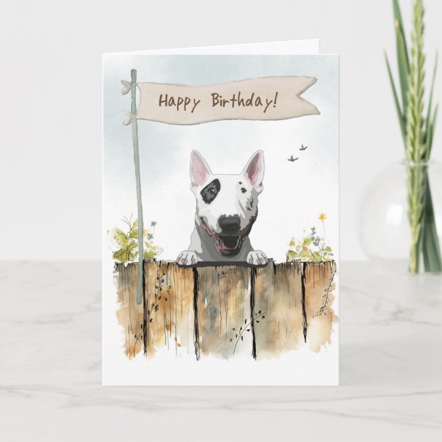 Tarjeta Perro de Bull Terrier Inglés bajo Rótulo de cumple (Anverso)