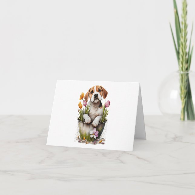 Tarjeta Perro de cachorro picado en maceta de flores (Anverso)