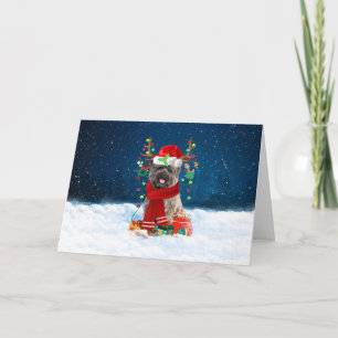 Tarjeta Perro de Cairn Terrier en la nieve con regalos de