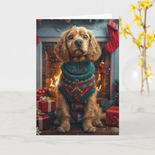 Tarjeta Perro de Cocker Spaniel con chimenea de regalos de