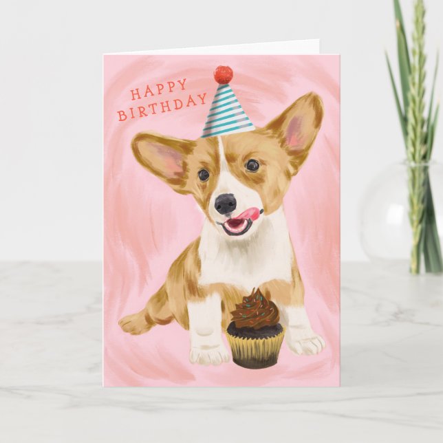 Tarjeta Perro de Corgi con tarta Cumpleaños (Anverso)