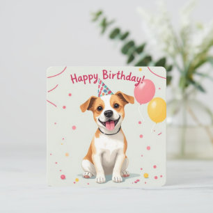 Tarjeta Perro de cumpleaños feliz con Gorra Fiesta y globo