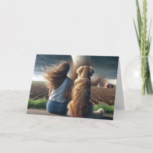Tarjeta Perro de cumpleaños y mujer viendo un tornado