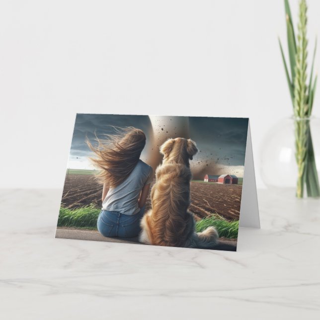 Tarjeta Perro de cumpleaños y mujer viendo un tornado (Anverso)