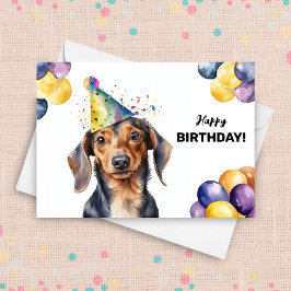 Tarjeta Perro de Dachshund con globos y Gorra Fiesta Cumpl