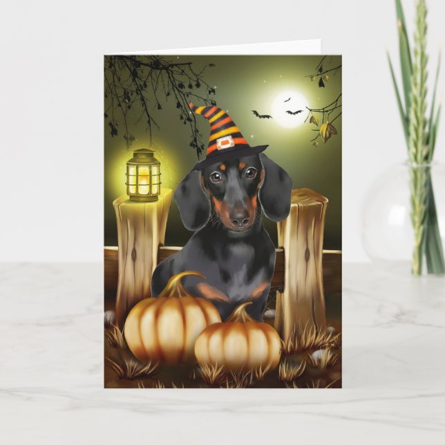 Tarjeta Perro de Dachshund con idea de regalo de Halloween (Anverso)