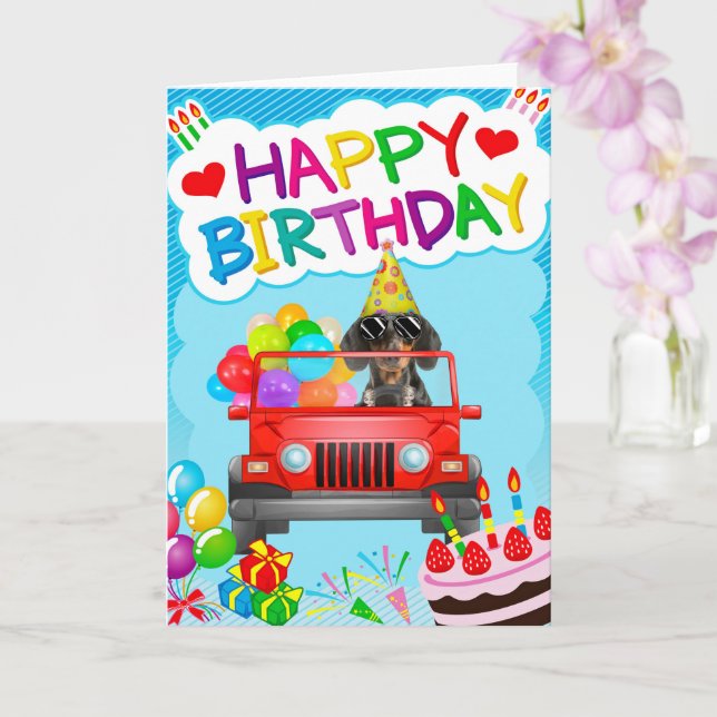 Tarjeta Perro de Dachshund conduciendo con globos Cumpleañ (Orquídea)