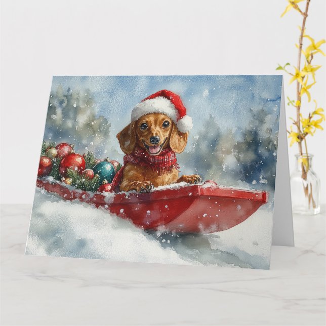 Tarjeta Perro de Dachshund en la cornisa, Navidades de la  (flor amarilla)