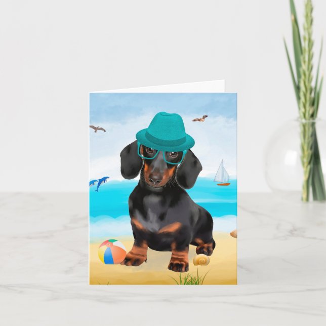 Tarjeta Perro de Dachshund en la playa (Anverso)