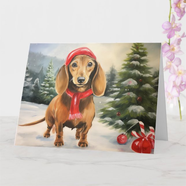 Tarjeta Perro de Dachshund en Navidades de nieve (Orquídea)