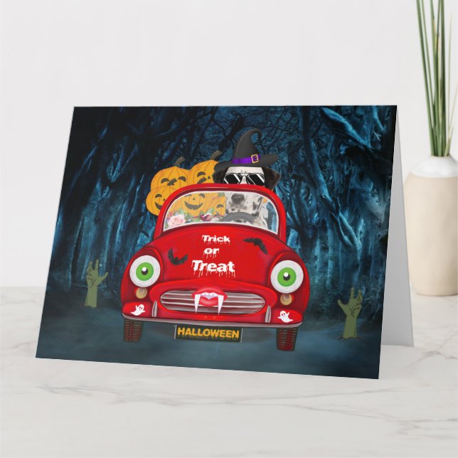 Tarjeta Perro de Dalmacia conduciendo coche asusta Hallowe (Anverso)