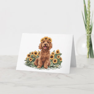Tarjeta Perro De Goldendoodle Con Una Corona De Girasol