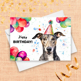 Tarjeta Perro de Greyhound con globos y Gorra Fiesta Cumpl