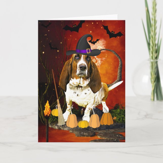Tarjeta Perro de Hound en Basset, disfraz de Halloween (Anverso)