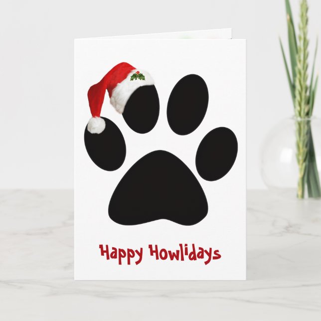 Tarjeta Perro de Huellas de Felices Fiestas con Sombrero (Anverso)