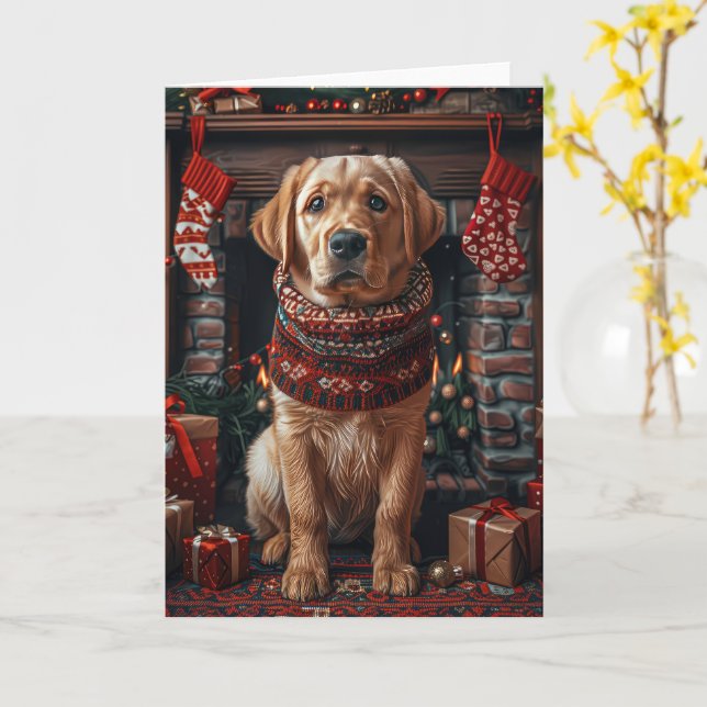 Tarjeta Perro de Labrador con Navidades regalos chimenea (flor amarilla)