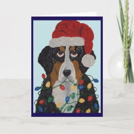 Tarjeta Perro de montaña bernés enredado en luces de Navid