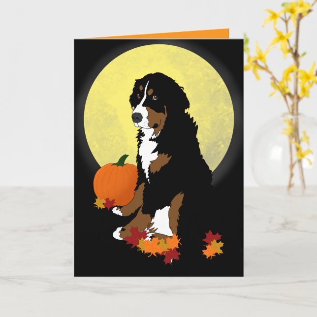 Tarjeta Perro de montaña bernés Halloween Otoño  (flor amarilla)