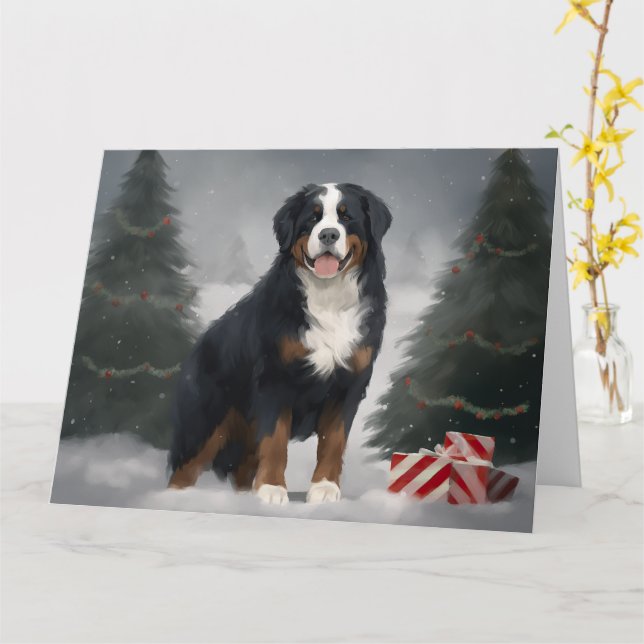 Tarjeta Perro de montaña de Berna en Navidades de nieve (flor amarilla)