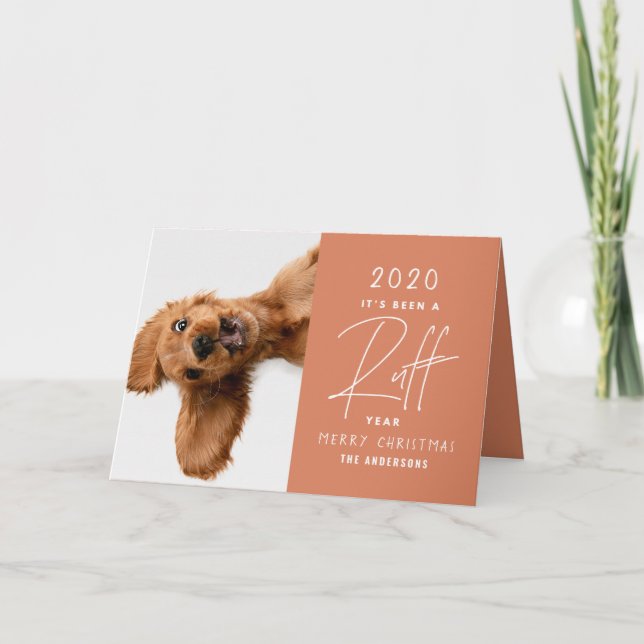 Tarjeta perro de Navidad divertido año en revisión ruff (Anverso)