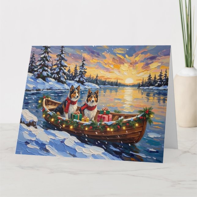 Tarjeta Perro de pastor de Shetland Navidad Barco Fiesta (Anverso)