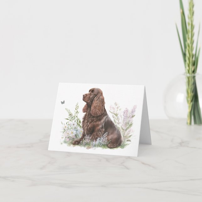 Tarjeta Perro de pelo de rayas marrones sentados con flore (Anverso)