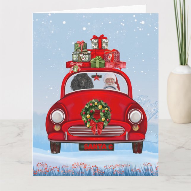Tarjeta Perro de perro caniche en auto con Santa Claus (Anverso)
