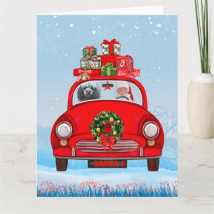 Tarjeta Perro de perro caniche en auto con Santa Claus