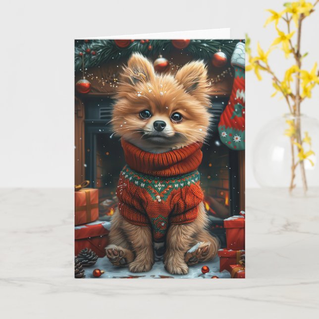 Tarjeta Perro de Pomerania con chimenea de regalos de Navi (flor amarilla)