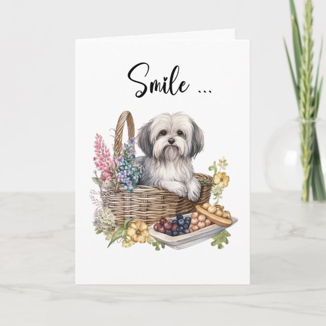 Tarjeta Perro de raza hispana en cesta de flores Hola (Anverso)